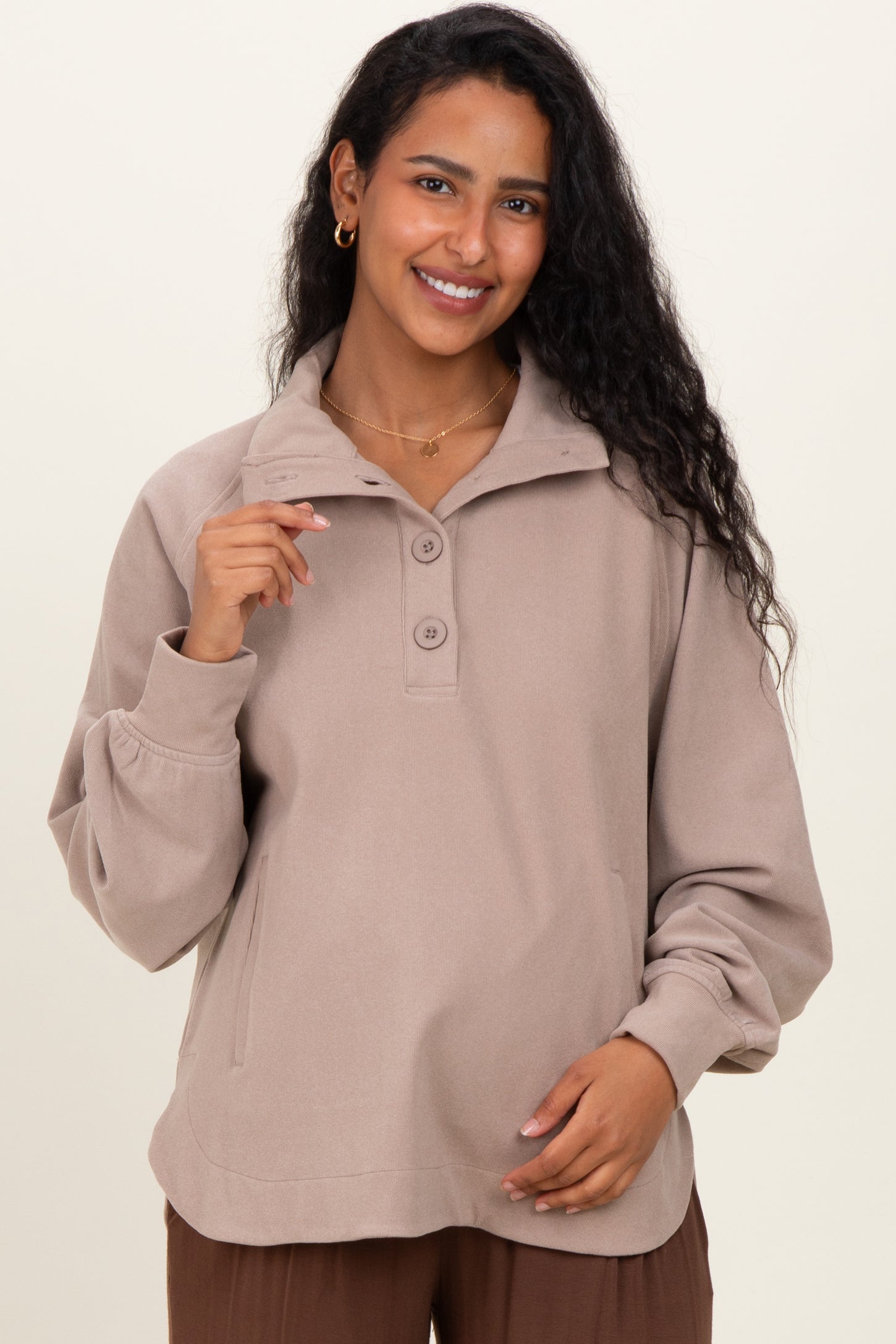 Taupe Brushed Knit Button Collar Maternity Pullover