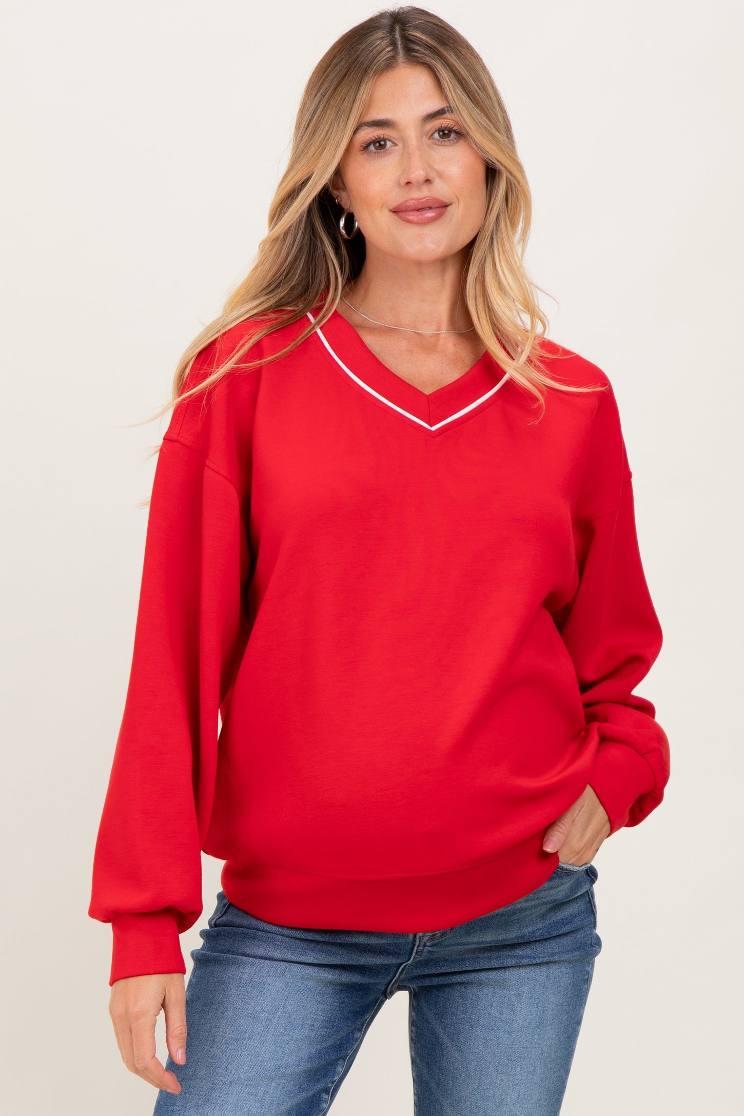 Red V-Neck Maternity Sweatshirt