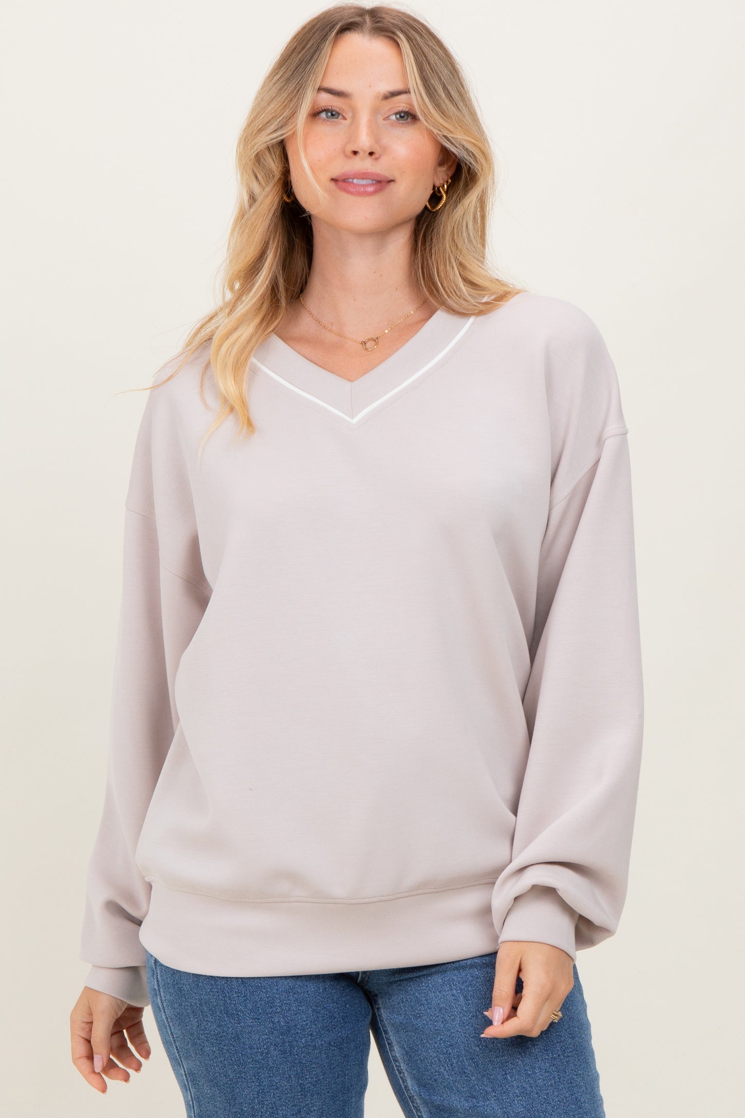 Beige V-Neck Maternity Sweatshirt