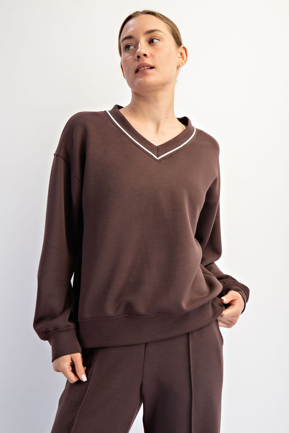 Brown V-Neck Maternity Sweatshirt