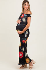 Black Mesh Floral One Shoulder Maternity Maxi Dress