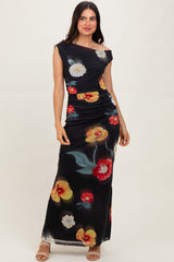 Black Mesh Floral One Shoulder Maxi Dress