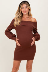 Brown Off The Shoulder Maternity Sweater Dress
