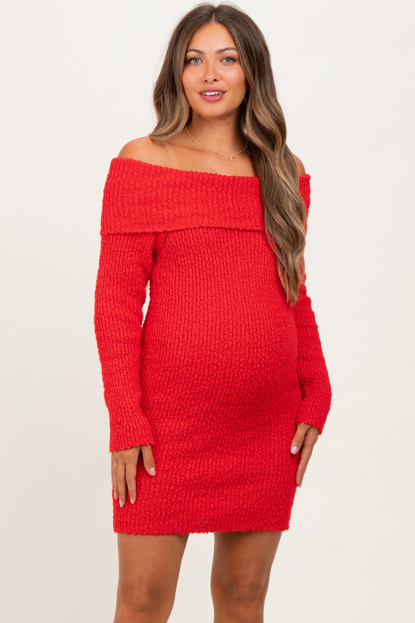Red Off The Shoulder Knit Sweater Maternity Mini Dress