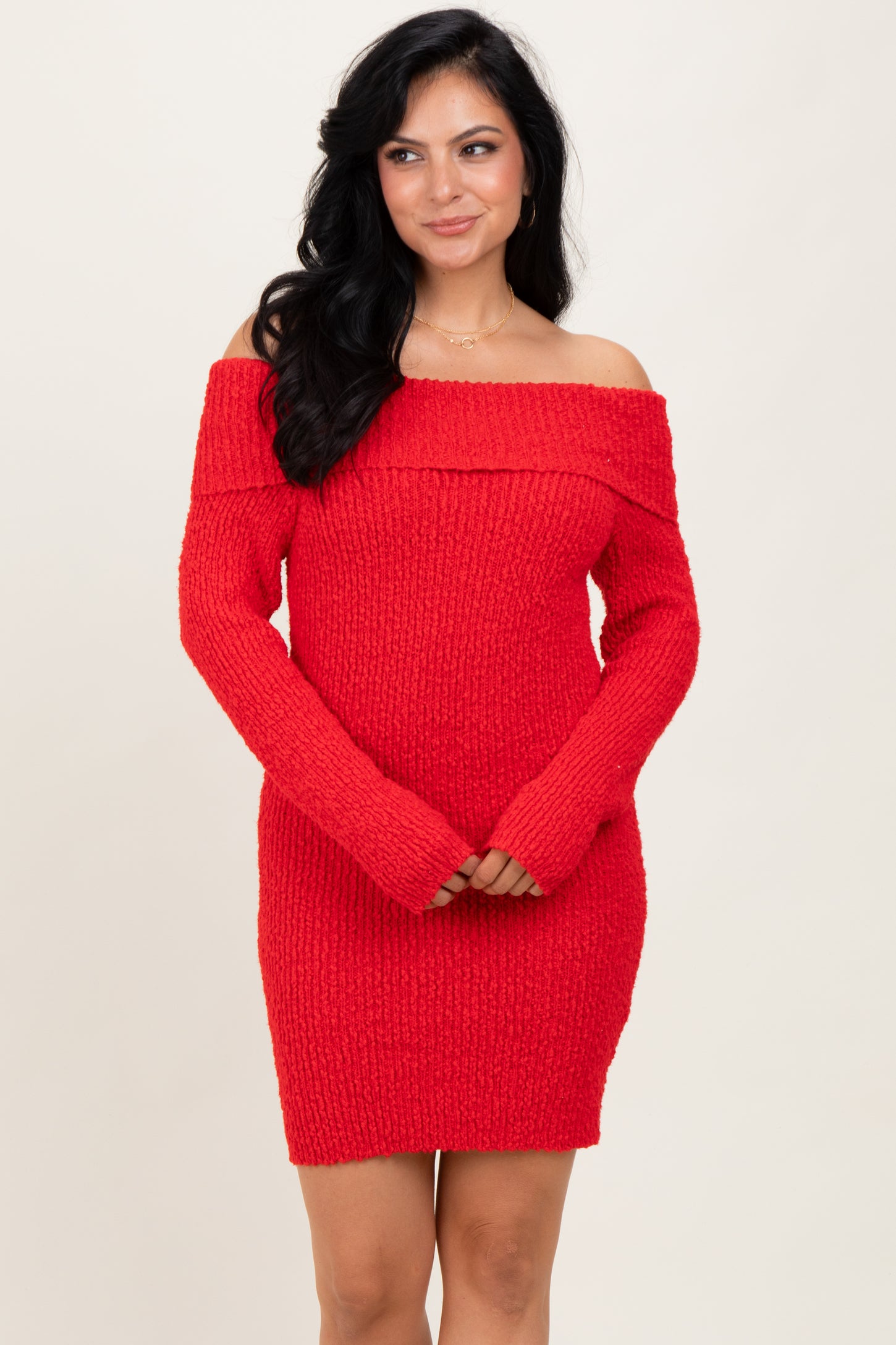 Red Off The Shoulder Knit Sweater Mini Dress