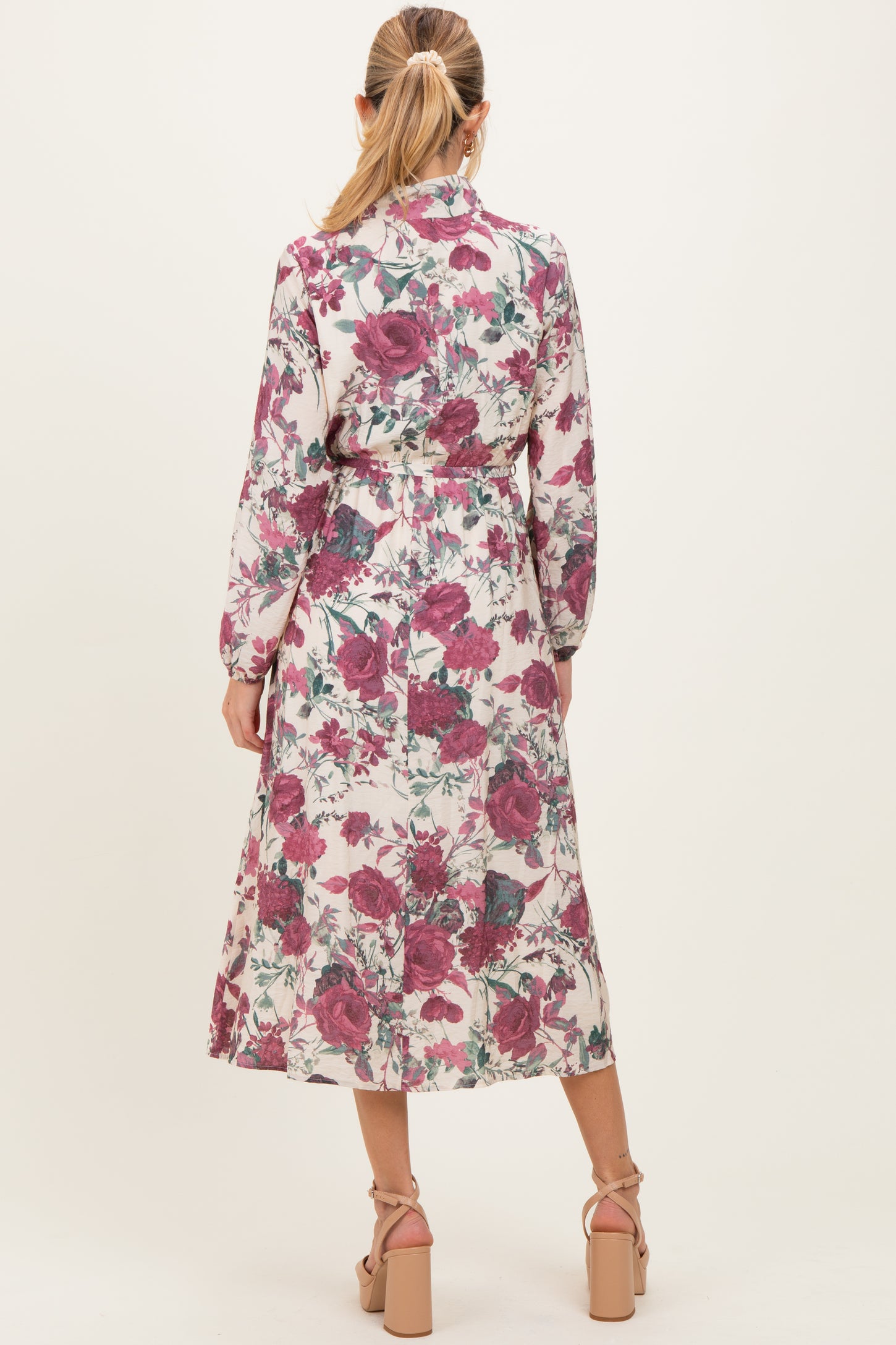 Cream Floral Neck Tie Long Sleeve Maternity Midi Dress