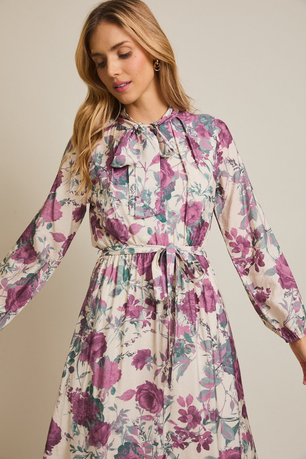 Cream Floral Neck Tie Long Sleeve Midi Dress