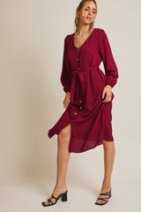 Burgundy V Neck Long Sleeve Button Down Midi Dress