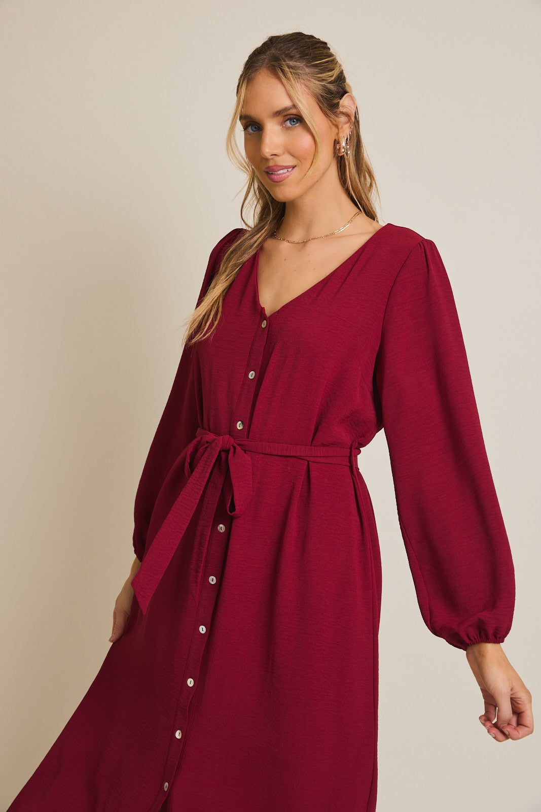 Burgundy V Neck Long Sleeve Button Down Midi Dress