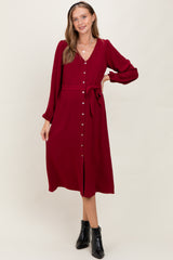 Burgundy V Neck Long Sleeve Button Down Maternity Midi Dress