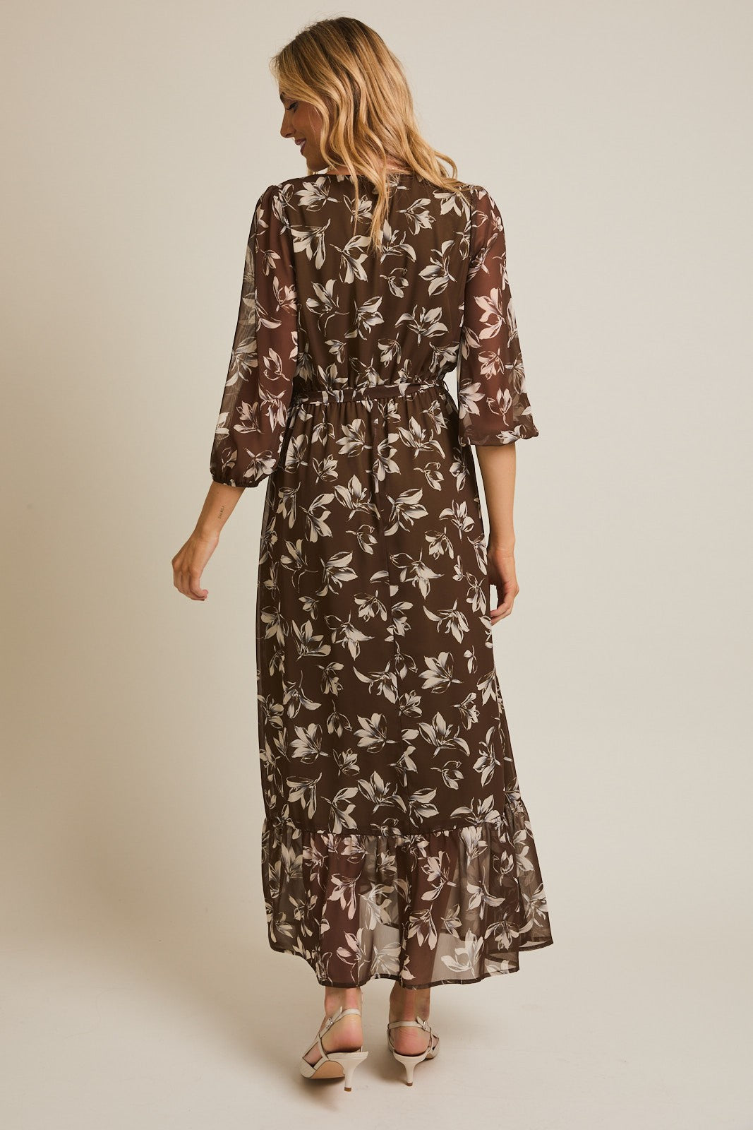 Olive Floral V-Neck Button Up Long Sleeve Maxi Dress