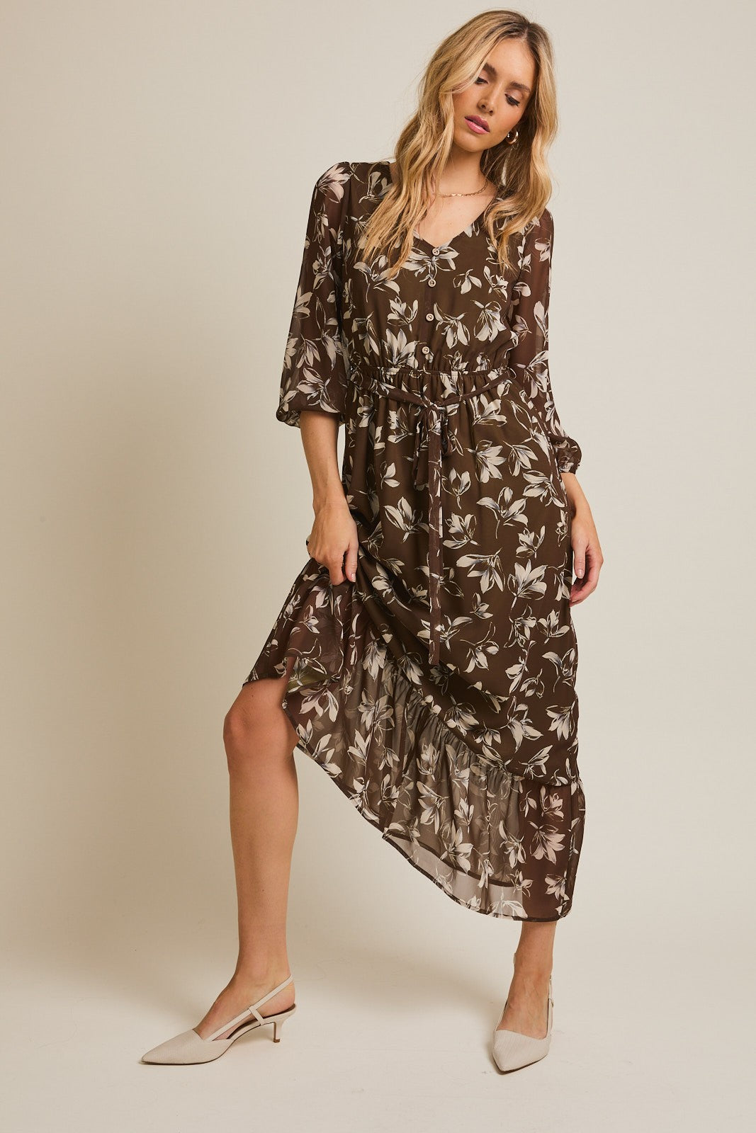 Olive Floral V-Neck Button Up Long Sleeve Maxi Dress