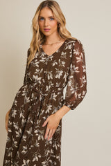 Olive Floral V-Neck Button Up Long Sleeve Maxi Dress