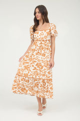 Orange Floral Scallop Trim Puff Sleeve Midi Dress