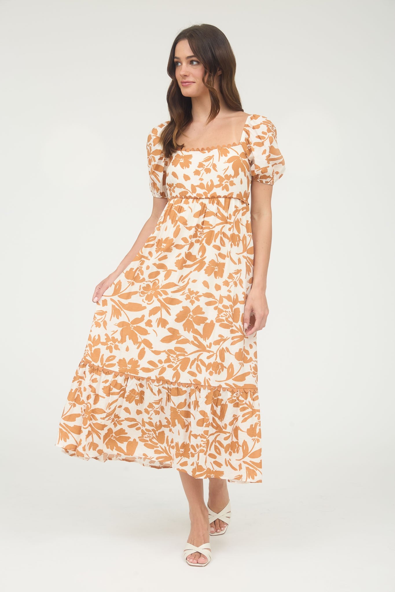 Orange Floral Scallop Trim Puff Sleeve Maternity Midi Dress