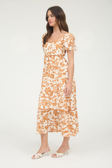 Orange Floral Scallop Trim Puff Sleeve Midi Dress
