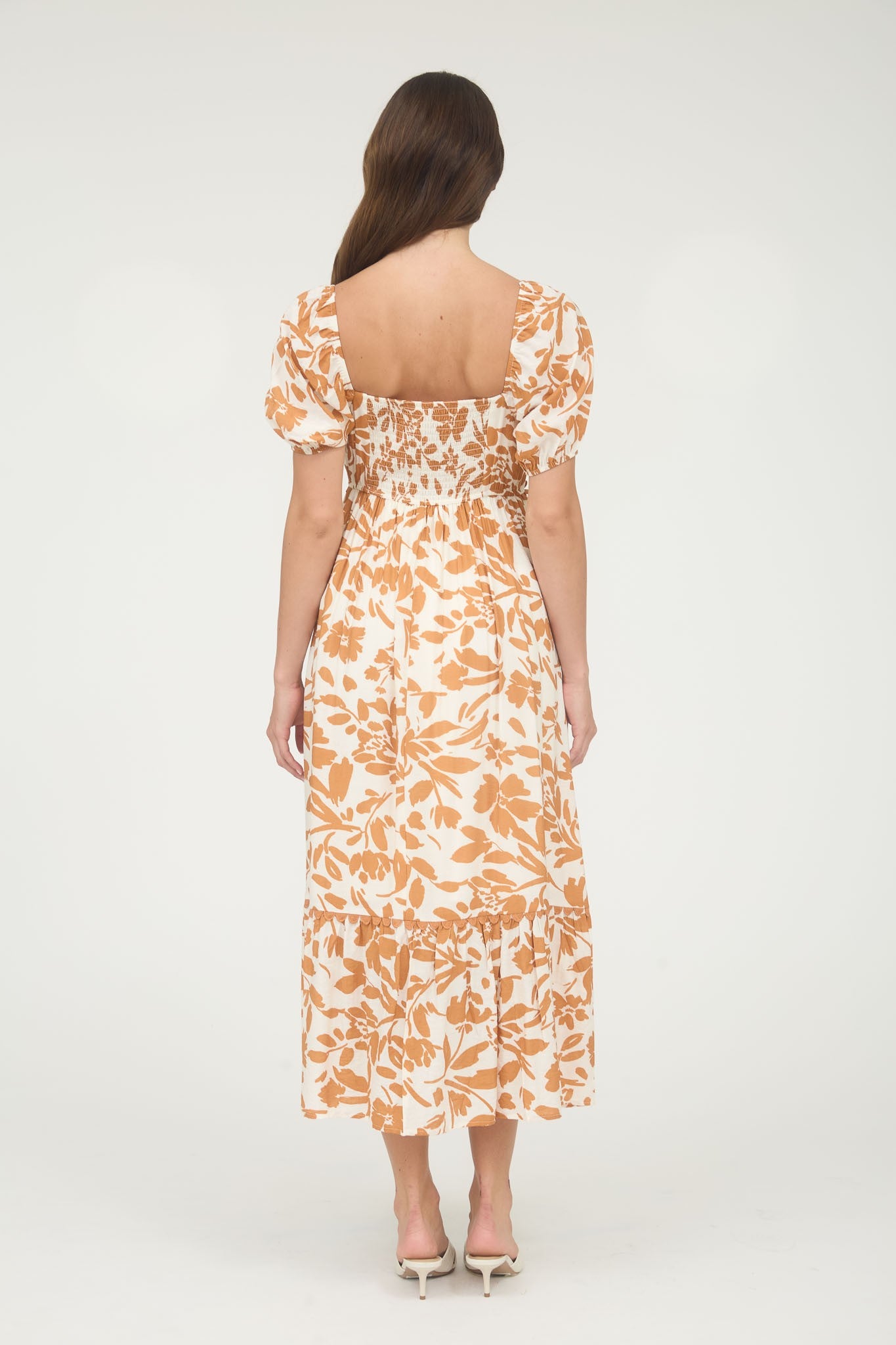 Orange Floral Scallop Trim Puff Sleeve Midi Dress
