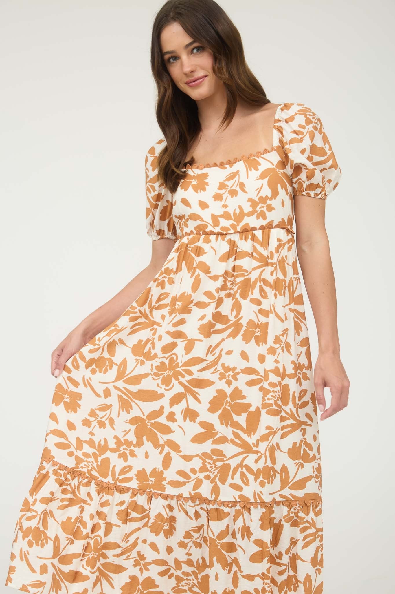 Orange Floral Scallop Trim Puff Sleeve Midi Dress