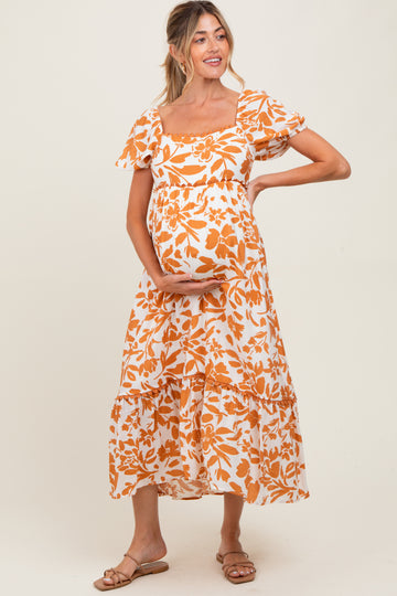 Orange Floral Scallop Trim Puff Sleeve Maternity Midi Dress