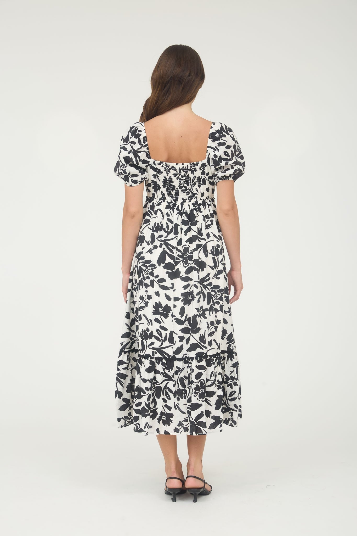 Black Floral Scallop Trim Puff Sleeve Midi Dress