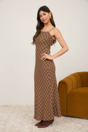 Brown Plaid Sleeveless Maxi Dress