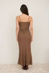 Brown Plaid Sleeveless Maxi Dress