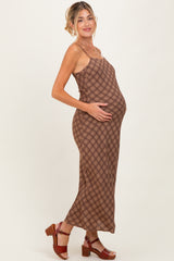 Brown Plaid Sleeveless Maternity Maxi Dress