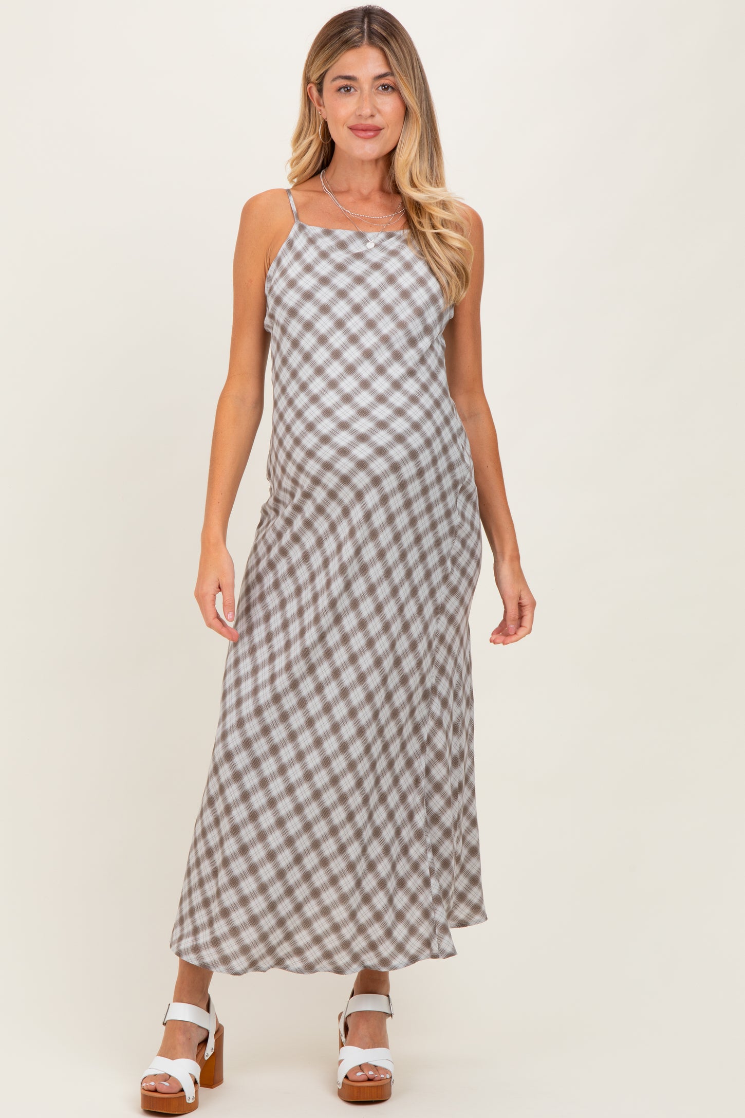 Ivory Plaid Sleeveless Maternity Maxi Dress