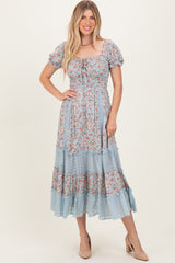 Light Blue Floral Lace Inset Puff Sleeve Maxi Dress