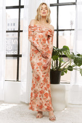 Light Pink Rose Floral Off Shoulder Maxi Dress