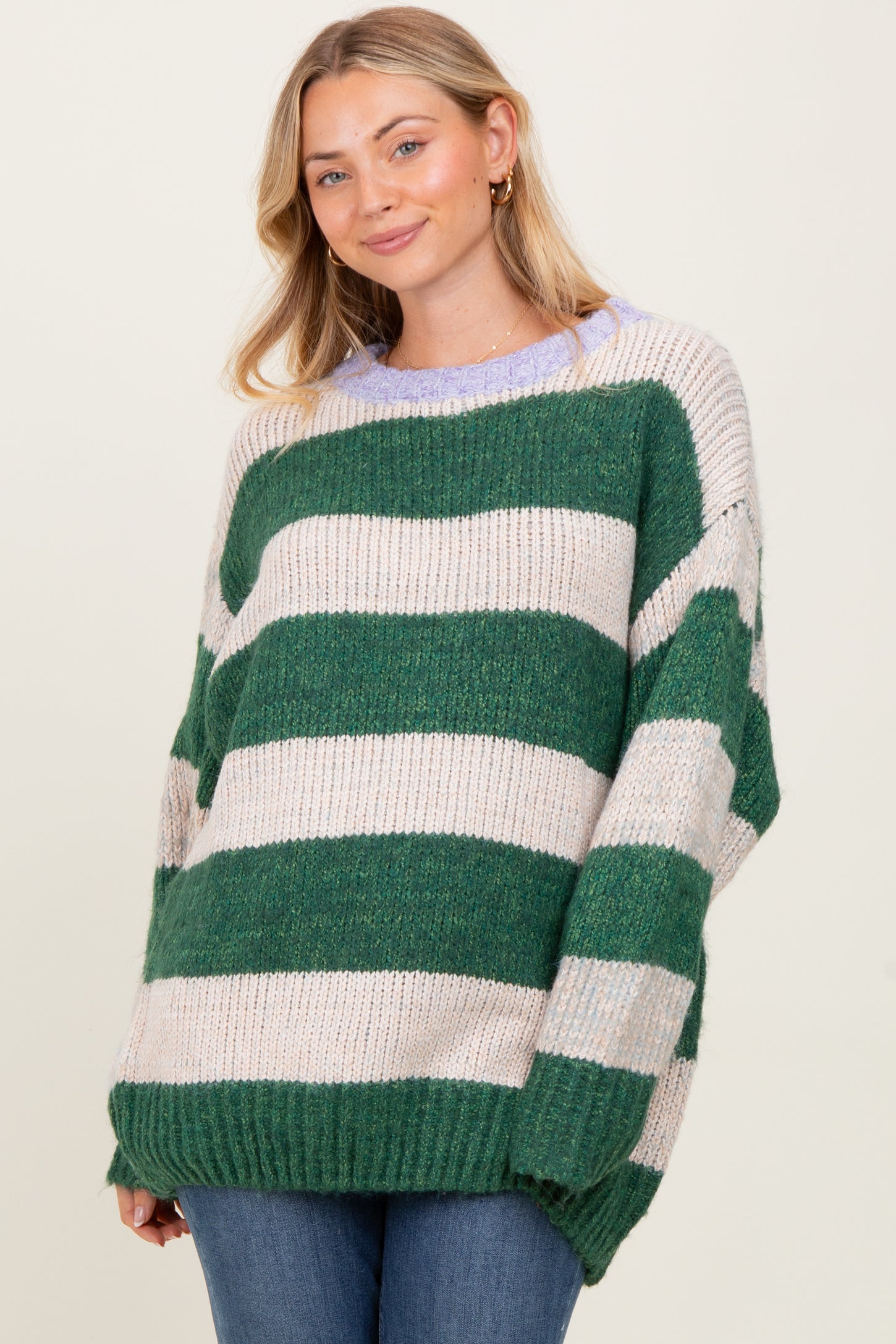 Green Wide Stripe Chunky Knit Maternity Sweater