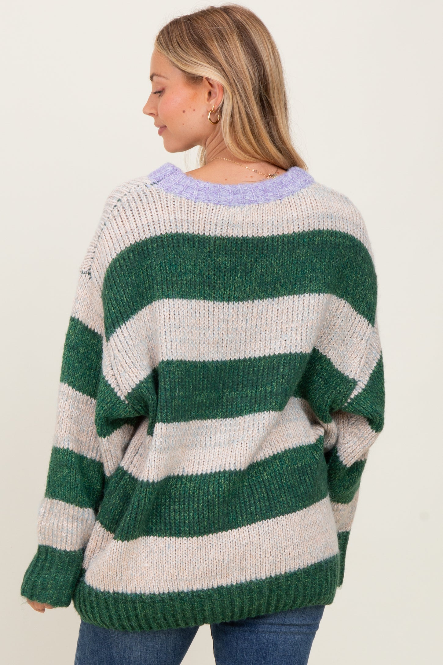 Green Wide Stripe Chunky Knit Sweater