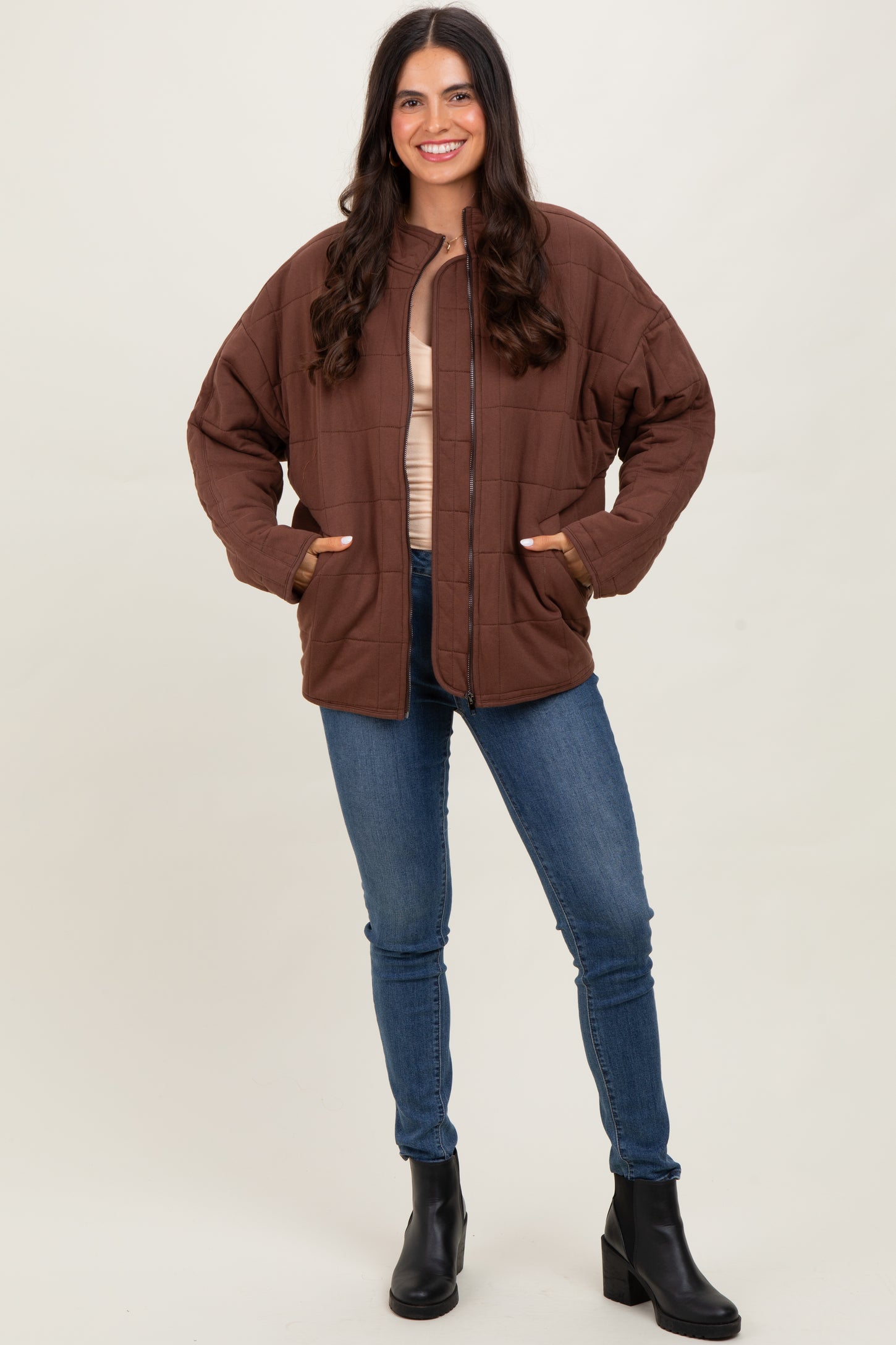 Brown Quilted Oversized Maternity Jacket