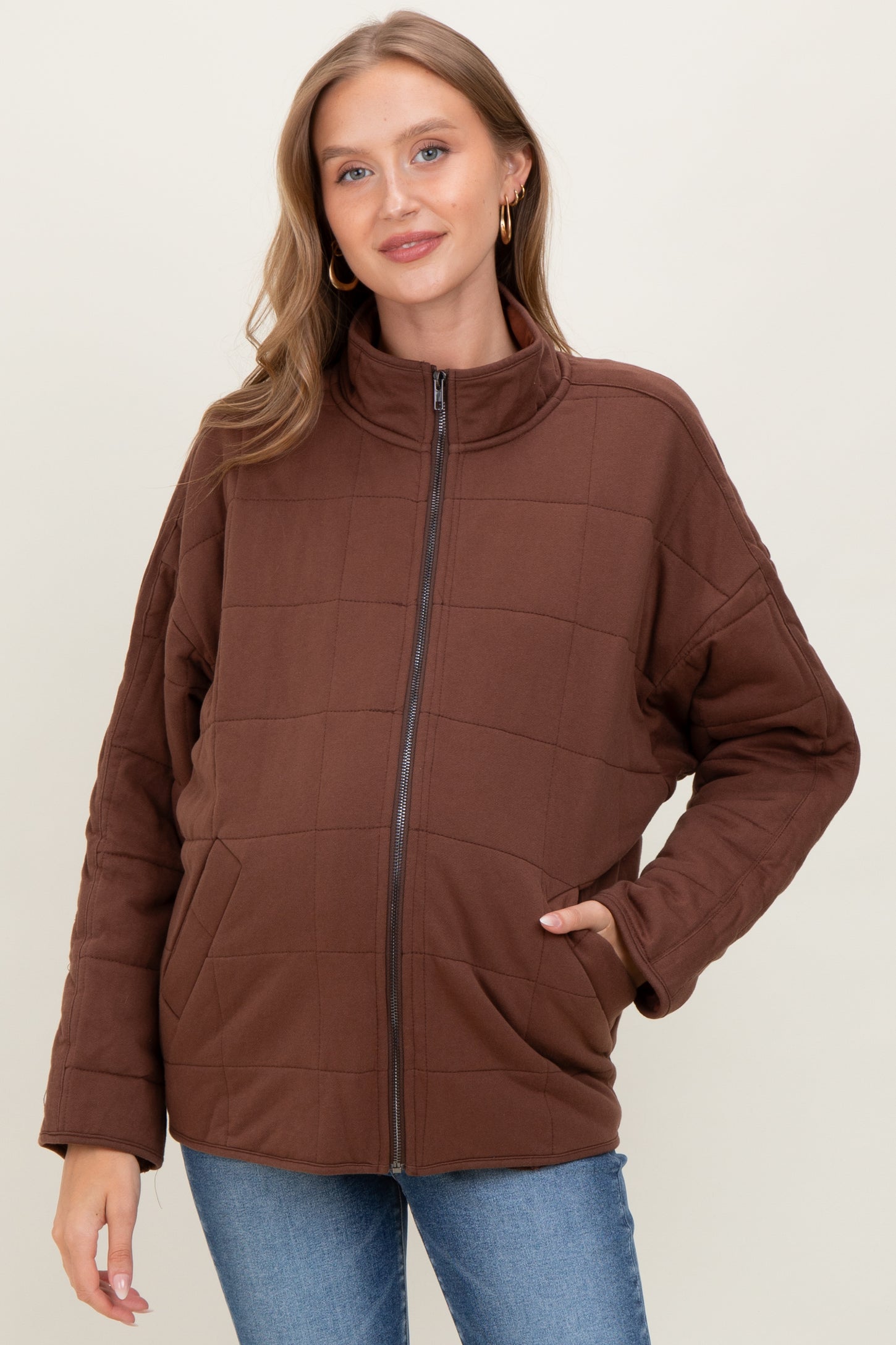 Brown Quilted Oversized Maternity Jacket