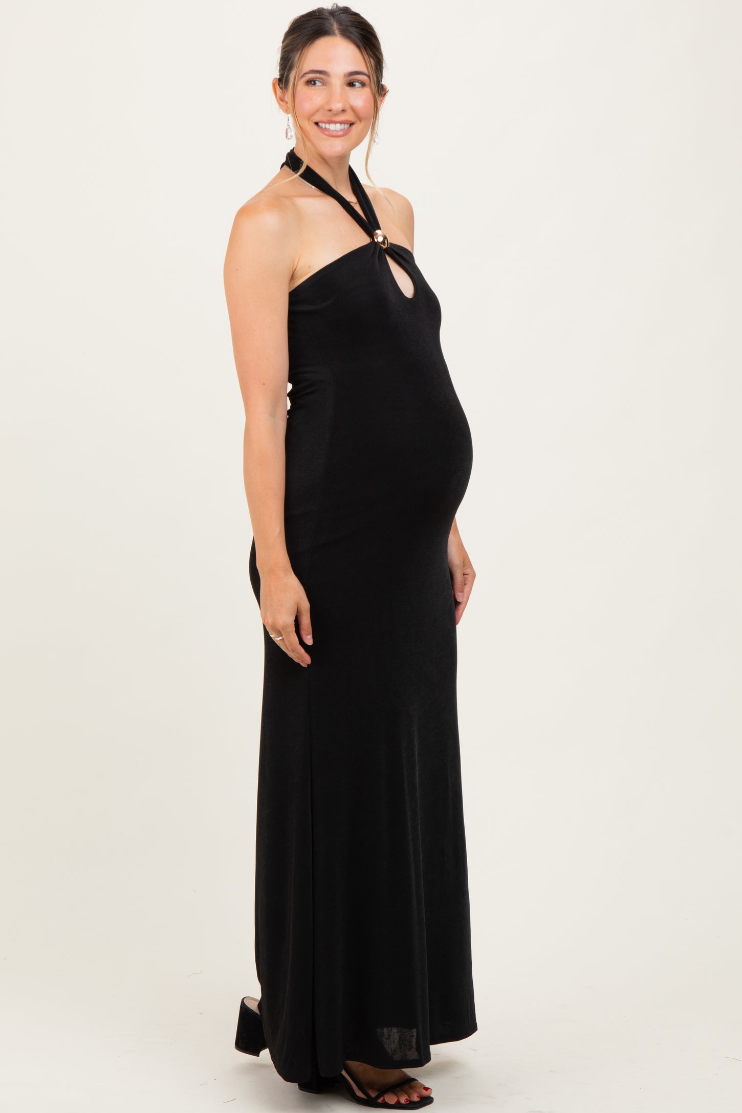 Black Halter Pendant Maternity Maxi Dress