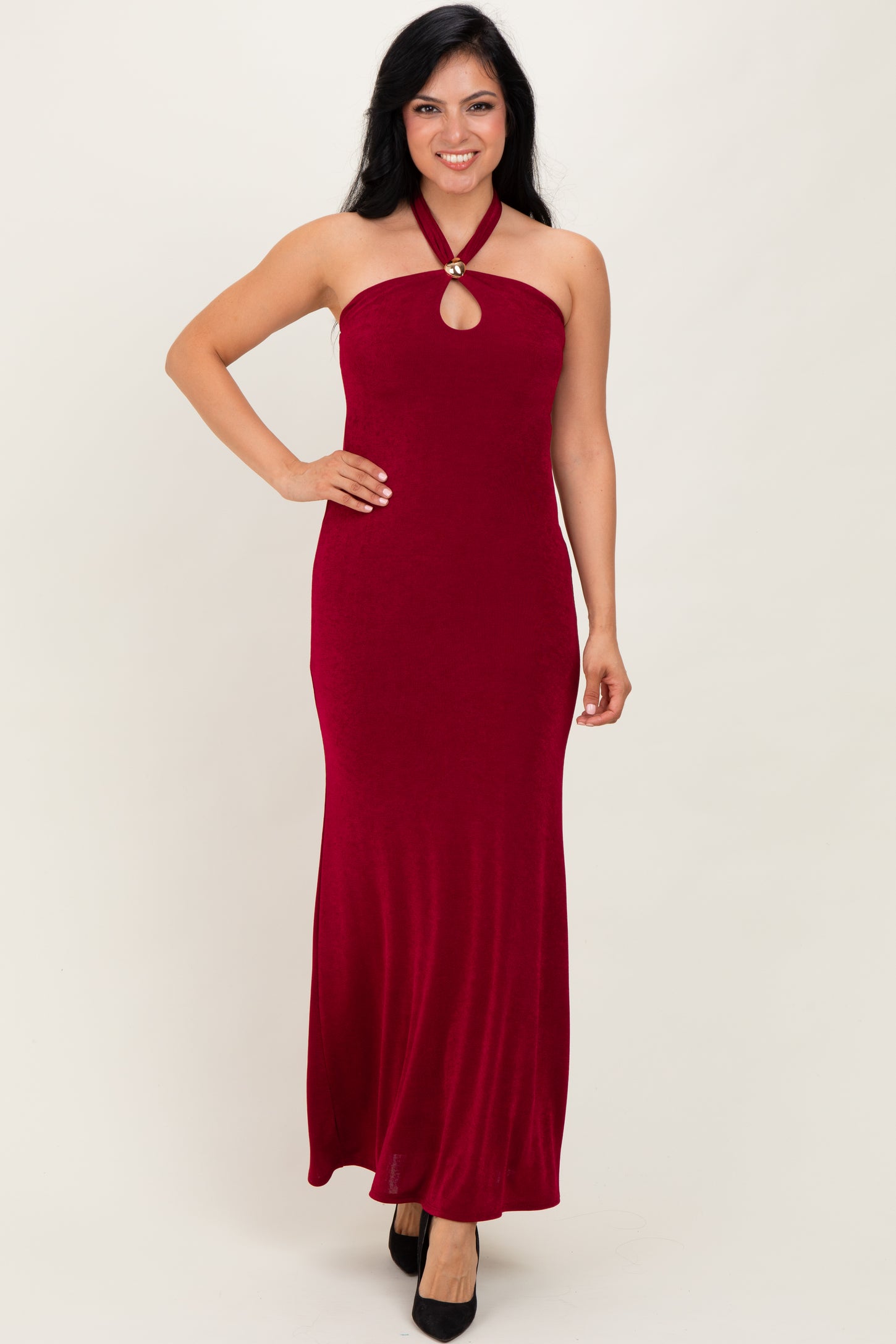 Burgundy Halter Pendant Maxi Dress