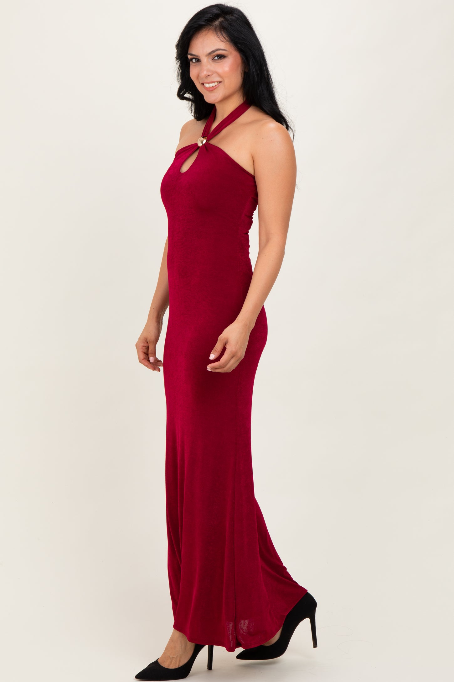 Burgundy Halter Pendant Maxi Dress