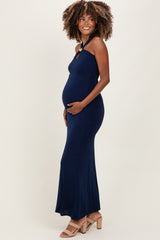 Navy Halter Pendant Maternity Maxi Dress