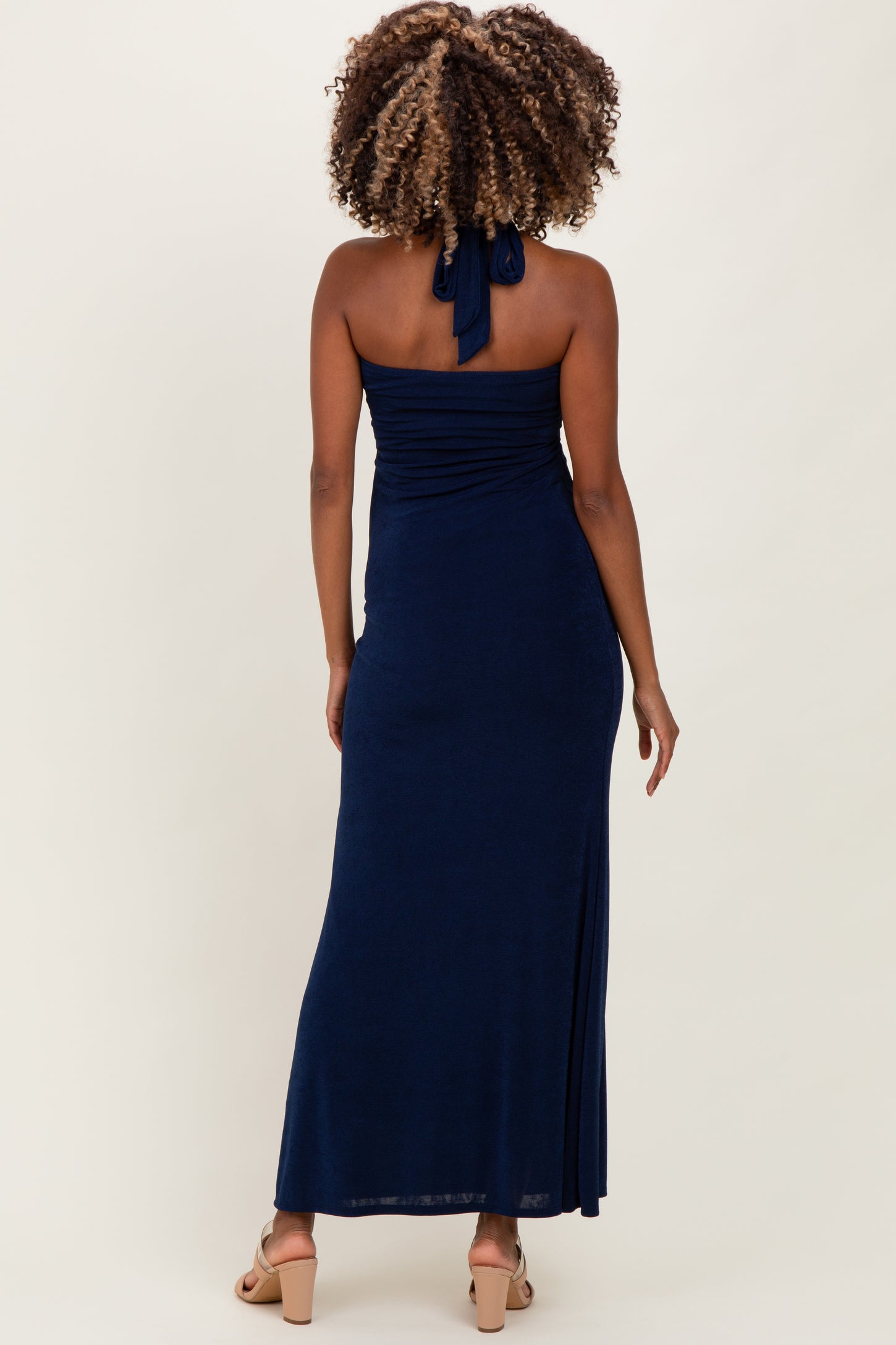 Navy Halter Pendant Maternity Maxi Dress