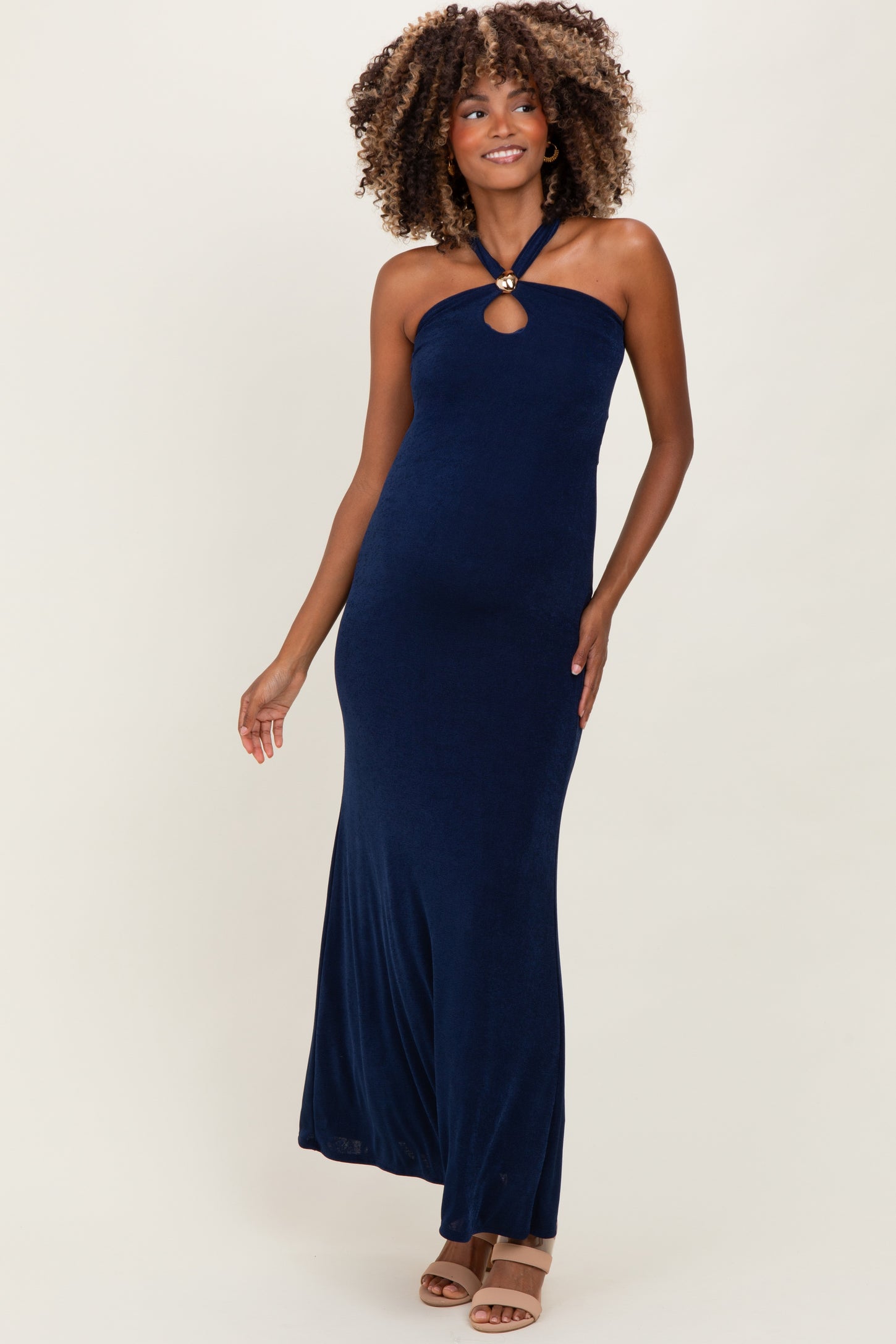 Navy Halter Pendant Maternity Maxi Dress
