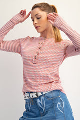 Pink Mixed Print Henley Long Sleeve Top