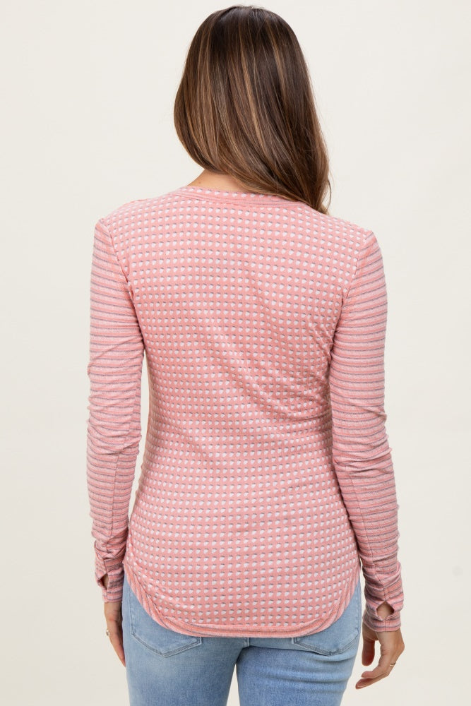 Pink Mixed Print Maternity Henley Long Sleeve Top