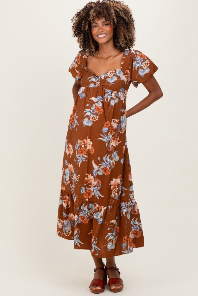 Brown Floral Sweetheart Puff Sleeve Maternity Midi Dress