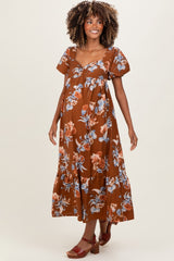Brown Floral Sweetheart Puff Sleeve Maternity Midi Dress
