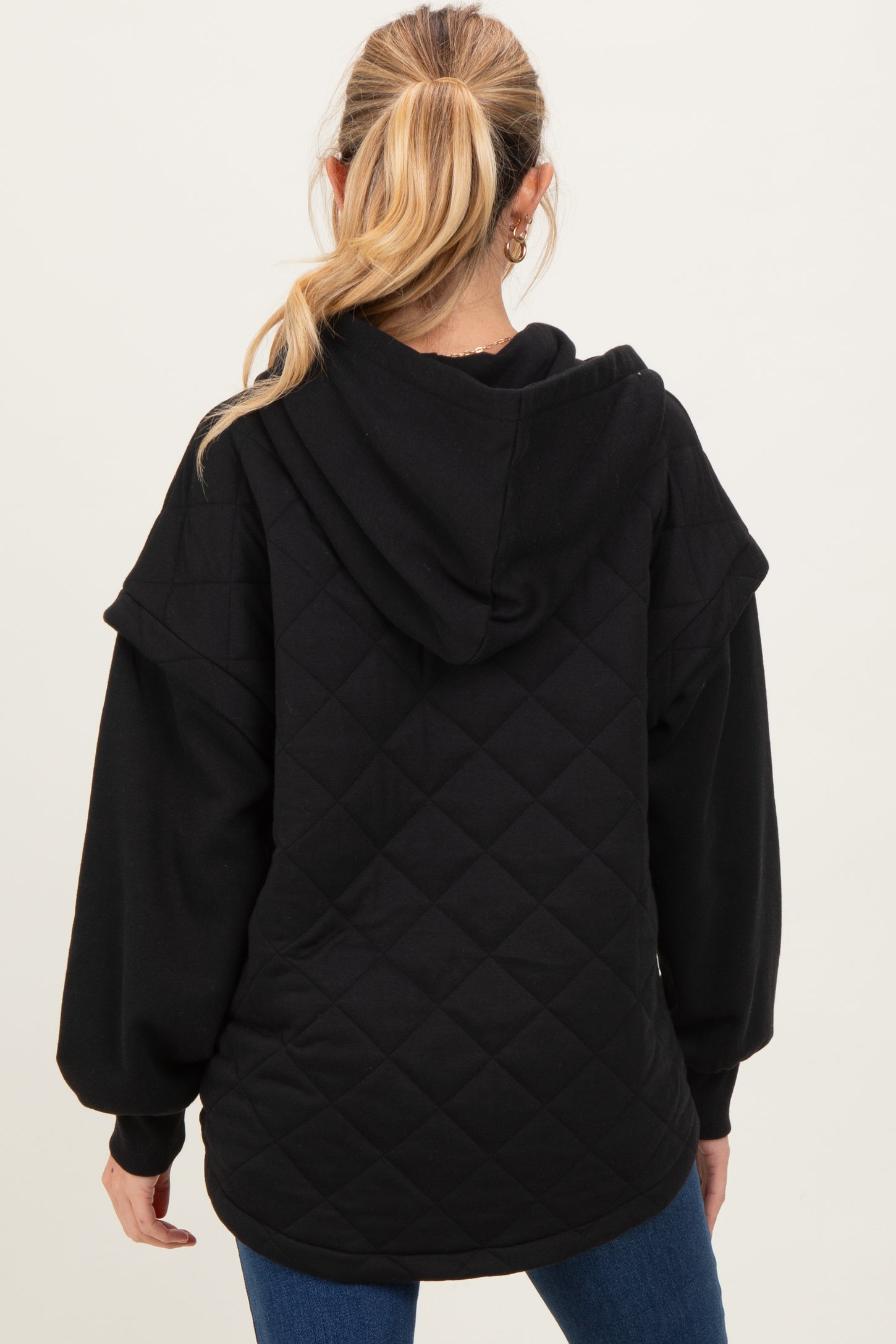 Black Quilted Contrast Maternity Button Hoodie