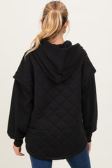Black Quilted Contrast Maternity Button Hoodie