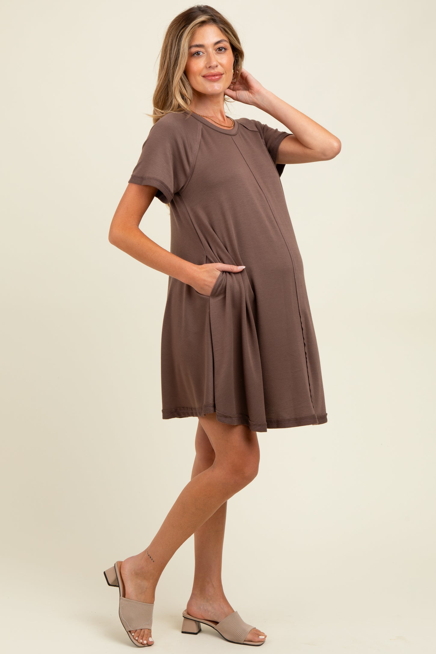 Brown Solid T-shirt Maternity Mini Dress