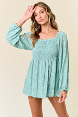 Sage Floral Smocked Long Sleeve Top