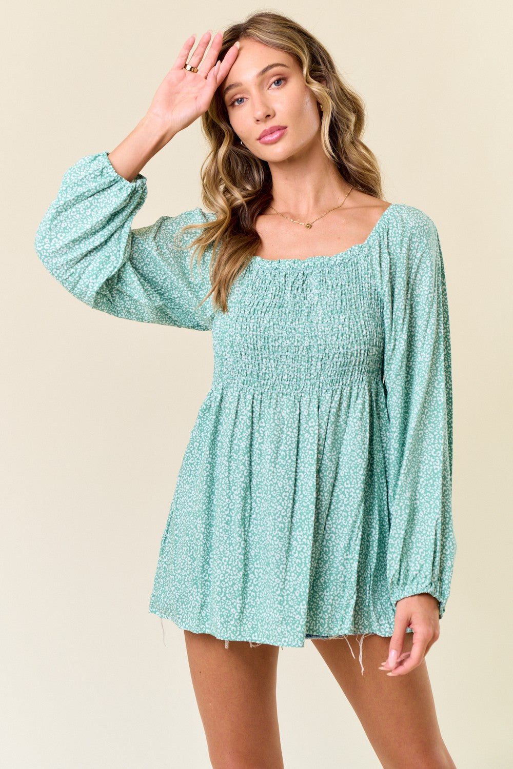 Sage Floral Smocked Long Sleeve Maternity Top