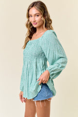 Sage Floral Smocked Long Sleeve Top